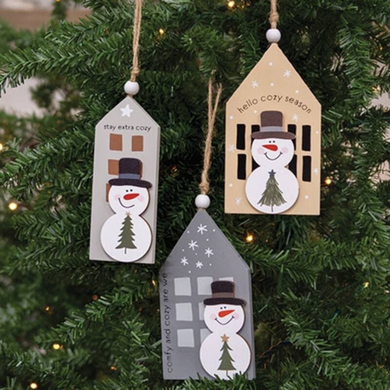 Cozy Snowman Wooden Christmas Ornaments Layered Holiday Decorations with Jute Hanger 3 Asstd. - Stay: 4.5”H x 1.75”W x 0.25”D