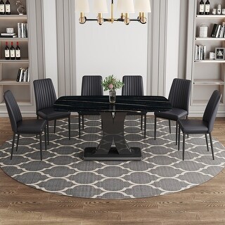 7-Piece Sets Faux Marble Dining Table Set with MDF Base and 6 PU Chairs ...