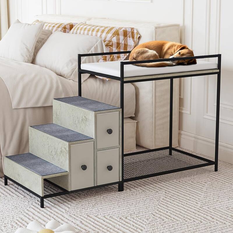 BOSSIN Multi-Level Pet Bunk Bed with Stairs & Storage - Foam-Upholstered Platform Dog/Cat Bed, Window Perch or Bedside Lounge