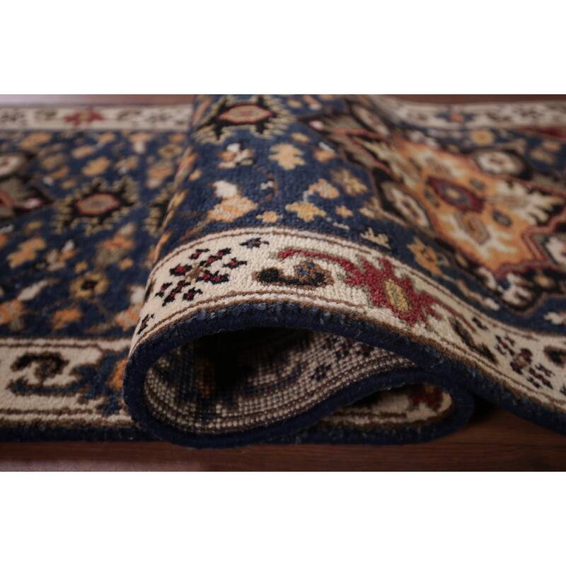 Blue Geometric Kazak Indian Runner Rug Handmade Oriental Wool Carpet - 2'8"x 8'2"