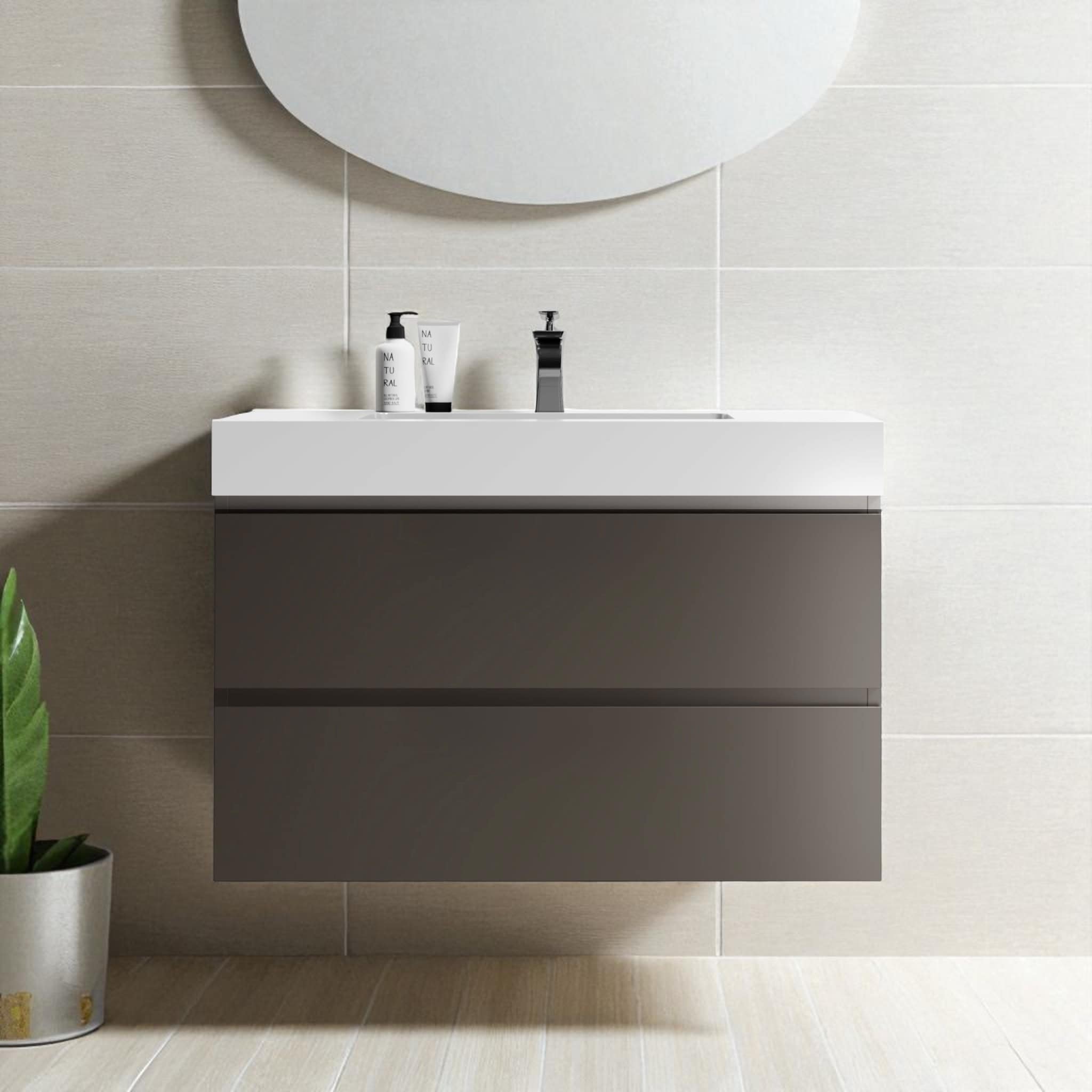36" Wall Mounted Bathroom Vanity with Sink, Floating Cabinet with Double Drawers and Handle-Free Design