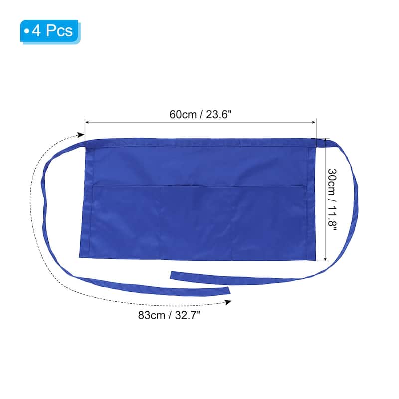 Waist Apron, 4 Pack Waitress Short Apron with 3 Pockets - 30 x 60cm - Blue