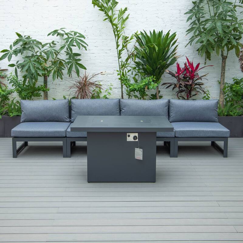 LeisureMod Chelsea 5-Piece Outdoor Patio Chairs and Fire Pit Table Set