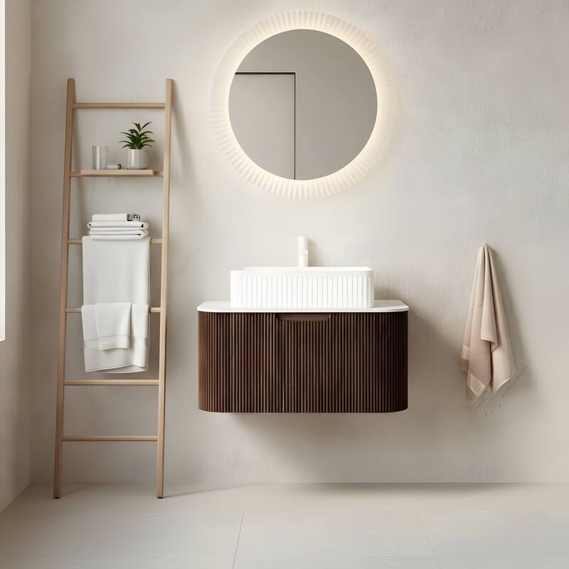 Wall Mounted Bathroom Vanity with White Rectangular Ceramic Basin - 30 - Dark Walnut
