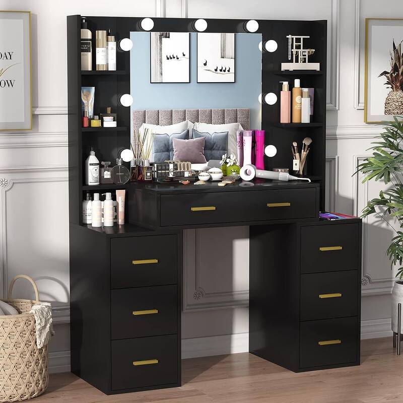 43'' Makeup Vanity with 3 Color Light, Charging Station, Storage Shelves, 7 Drawers
