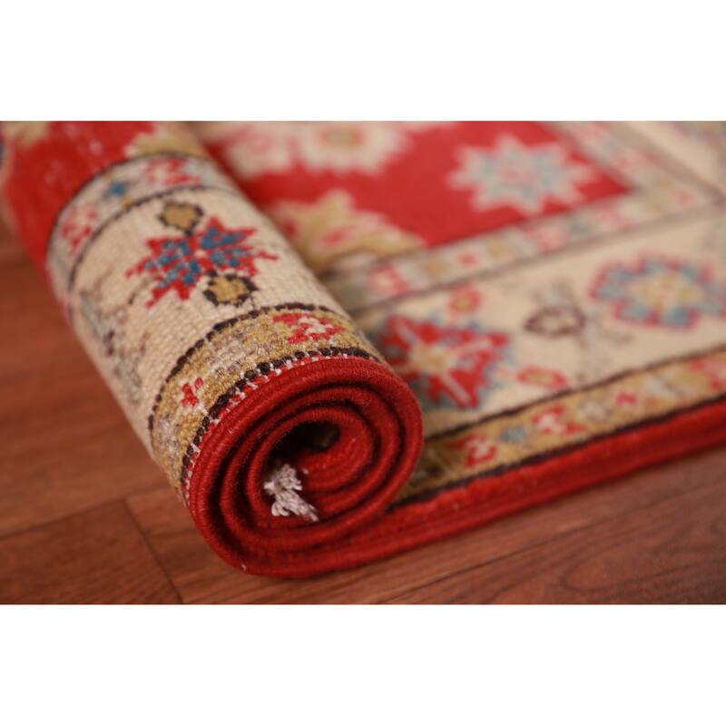 Red Kazak Oriental Foyer Rug Geometric Handmade Wool Carpet - 2'0"x 3'0"