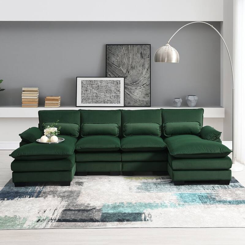 Modern U-shaped Sectional Sofa with Waist Pillows 6-seat Upholstered Symmetrical Sofa Furniture