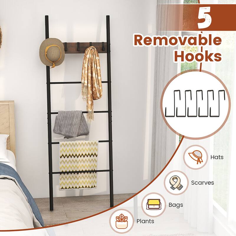 Gymax 5-Tier Ladder Shelf Wall Leaning Blanket Ladder w/5 Removable