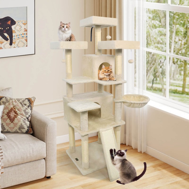 Costway 65” Tall Multi-level Cat Tree with 3 Upholstered Top Perch 2 - See Details