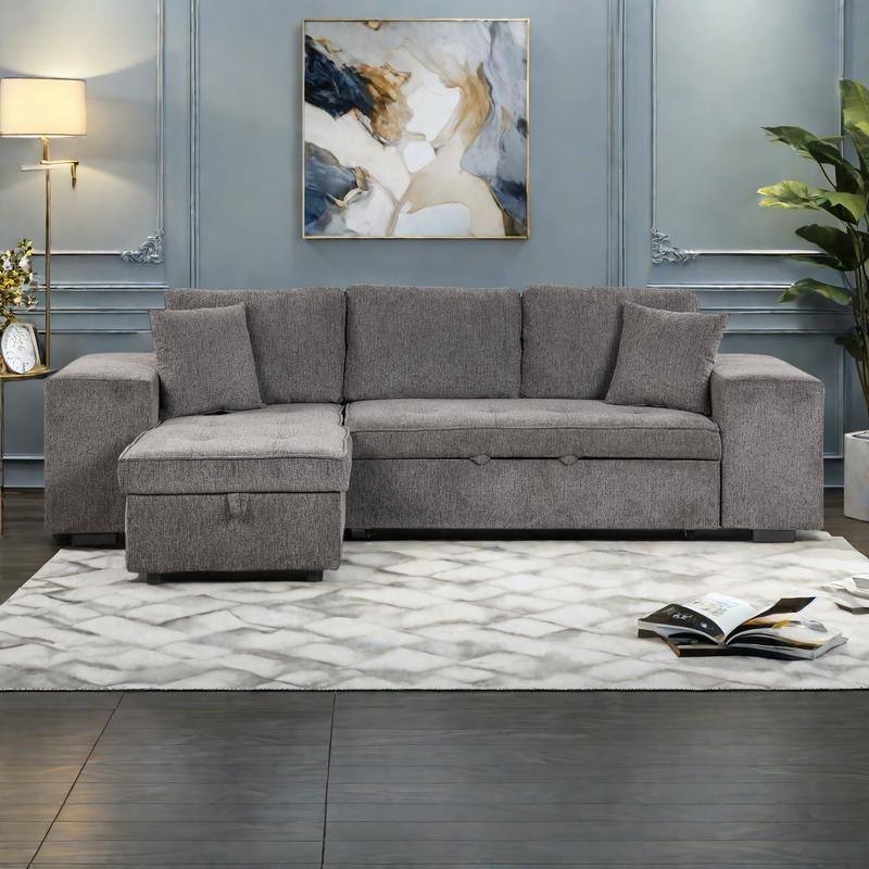 104.5" Linen L-Shaped Sectional Sofa with Pull-Out Bed and Storage Chaise, Includes 2 Stools - Knox Charcoal