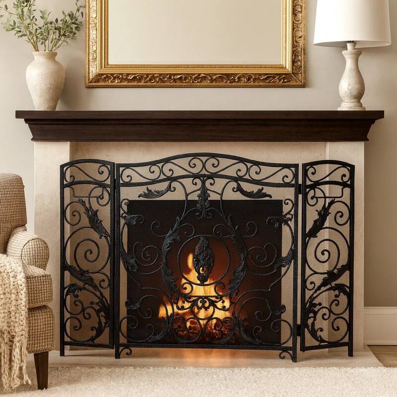 Fireplace Screen, Scrollwork Mesh Design, Iron w Black, Silver Finish