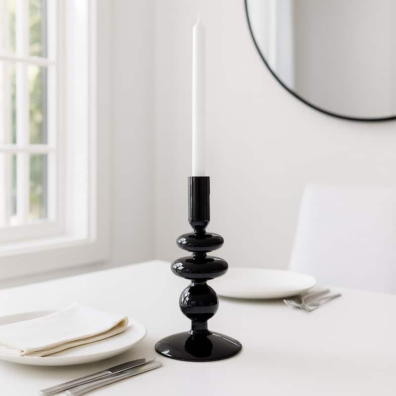 Sculptural Glass Candle Holder with Rounded Accent Base - Modern Tabletop Candle Holder for Any Room - 3" x 3" x 7" - Black