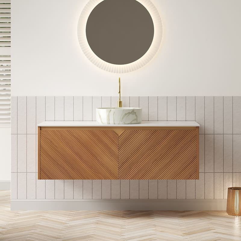 48" Bathroom Vanity with Vessel Sink, Wall-Mounted Floating Storage Cabinet with Double Doors - Oak-Round