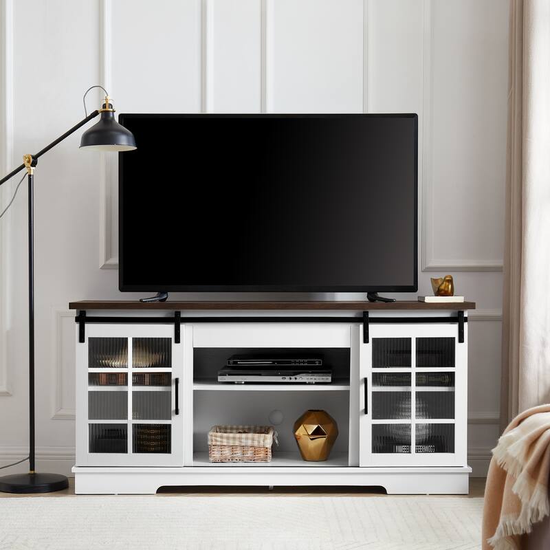 59" TV Stand with Sliding Glass Doors and Adjustable Shelves for TVs Up to 65"