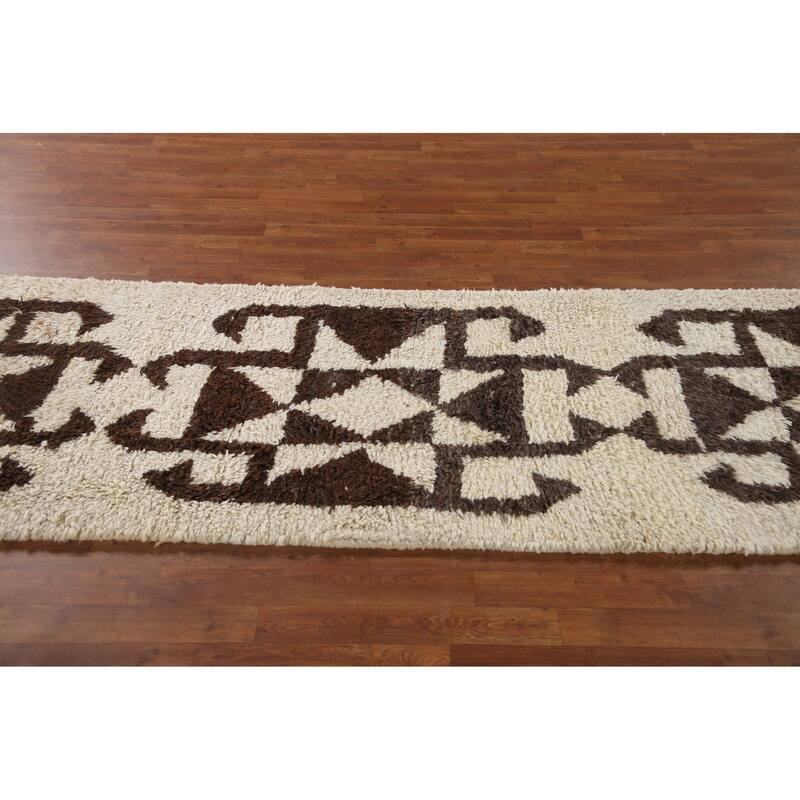 Anatolian Turkish Runner Rug Handmade Geometric Beige Wool Carpet - 3'3"x 12'5"