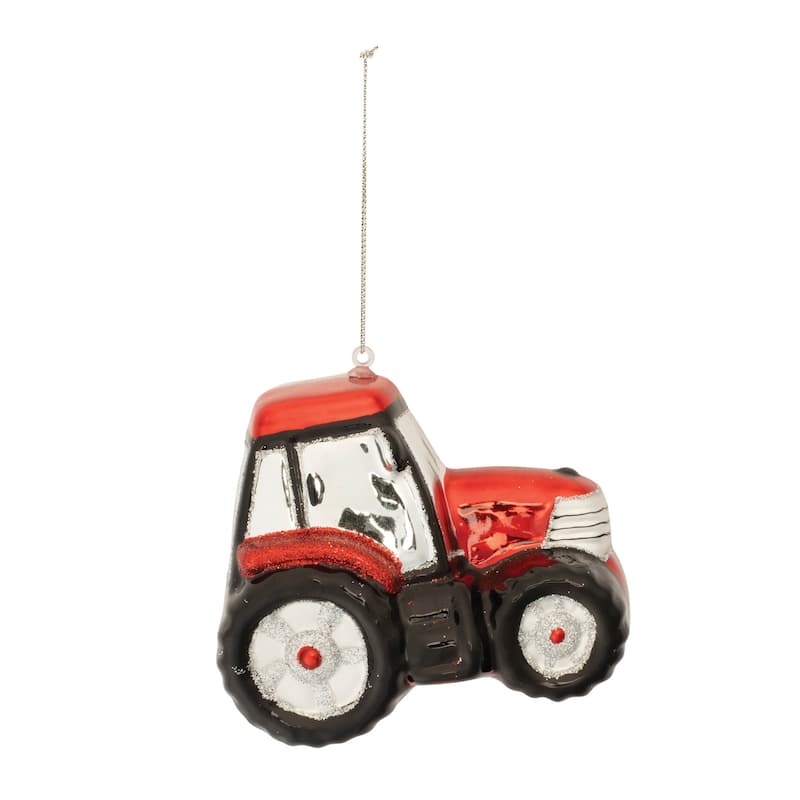 Glass Glittered Tractor Ornaments Set of 6 with String Hangers - 3” x 3.25” x 3.5” (L x W x H)