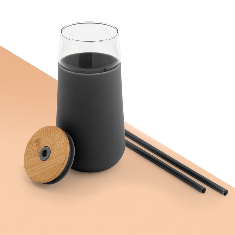 JoyJolt Glass Drinking Cup, Tumbler with Straw & Non Slip Silicone Sleeve - 20 oz - 20 oz