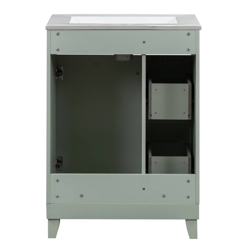 24 Inch Bathroom Vanity Cabinet with Ceramic Sink, 2 Drawers & Door, Bathroom Storage Cabinet Free-standing Single Sink Cabinet