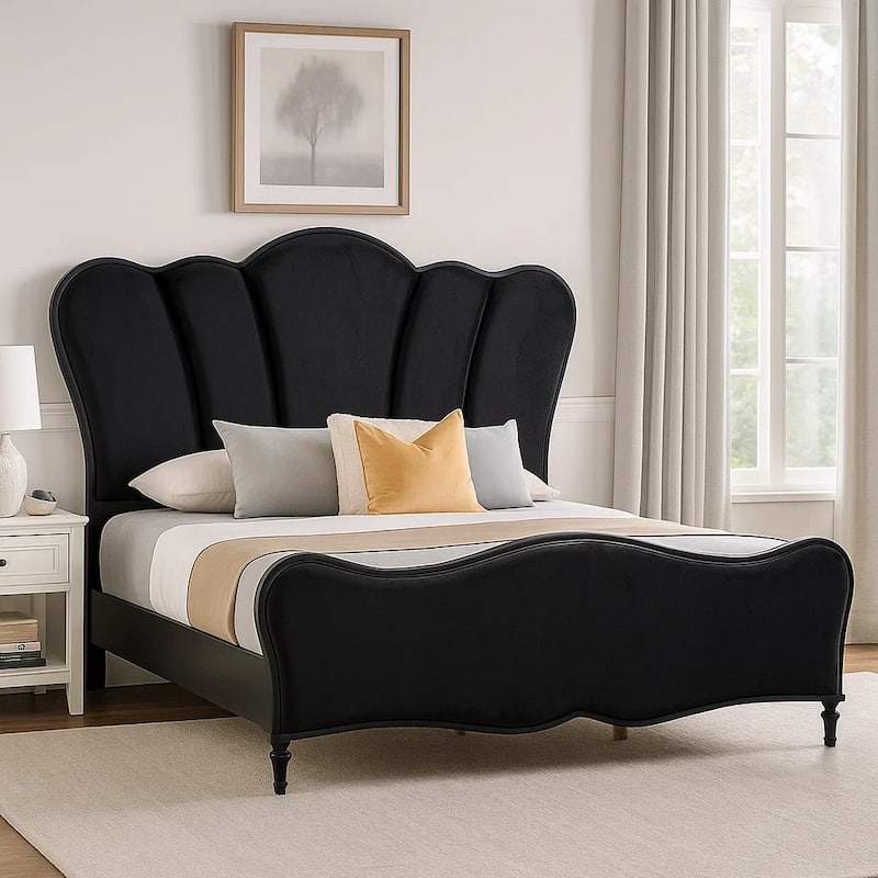 Eleena King Bed, Scalloped Padded Channel Tufting, Black Upholstery