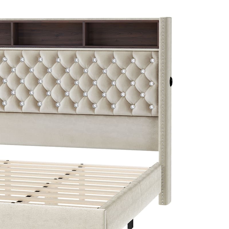 58" Tall Wingback Storage Headboard Bed Frame with USB Charging Stations and Deep Button Tufted