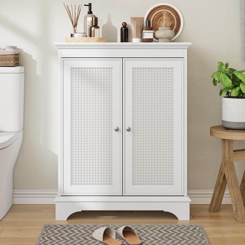 Bathroom Floor Storage Cabinet, Multifunctional Decorative Cabinet, Bathroom Cabinet with Rattan Doors & Adjustable Shelf - White