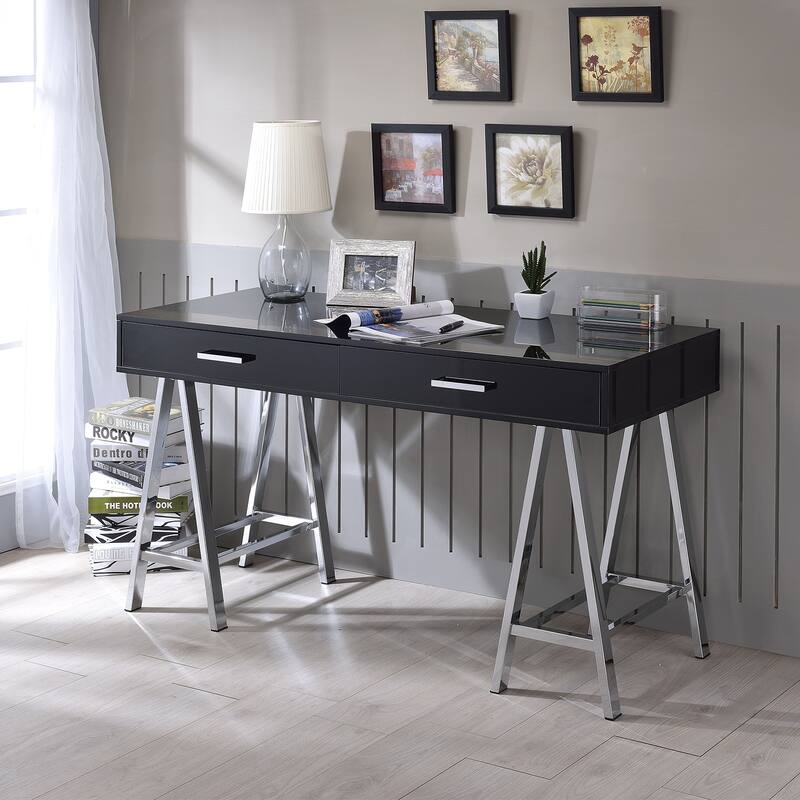 2 Drawers Writing Desk with Metal Base, Black High Gloss and Chrome - Black