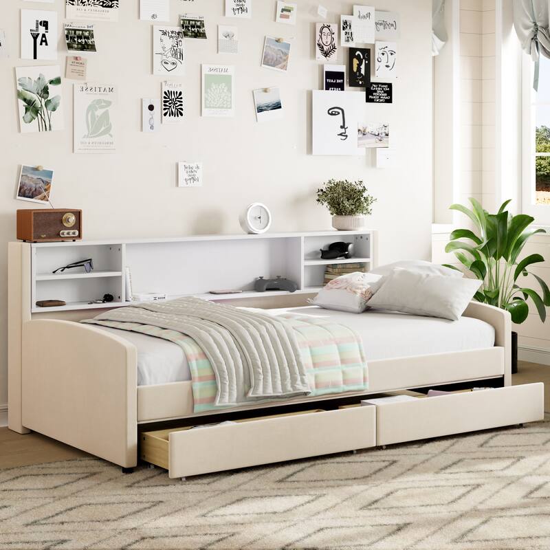Twin Size Upholstered Platform Bed with Storage and Drawers, Gray