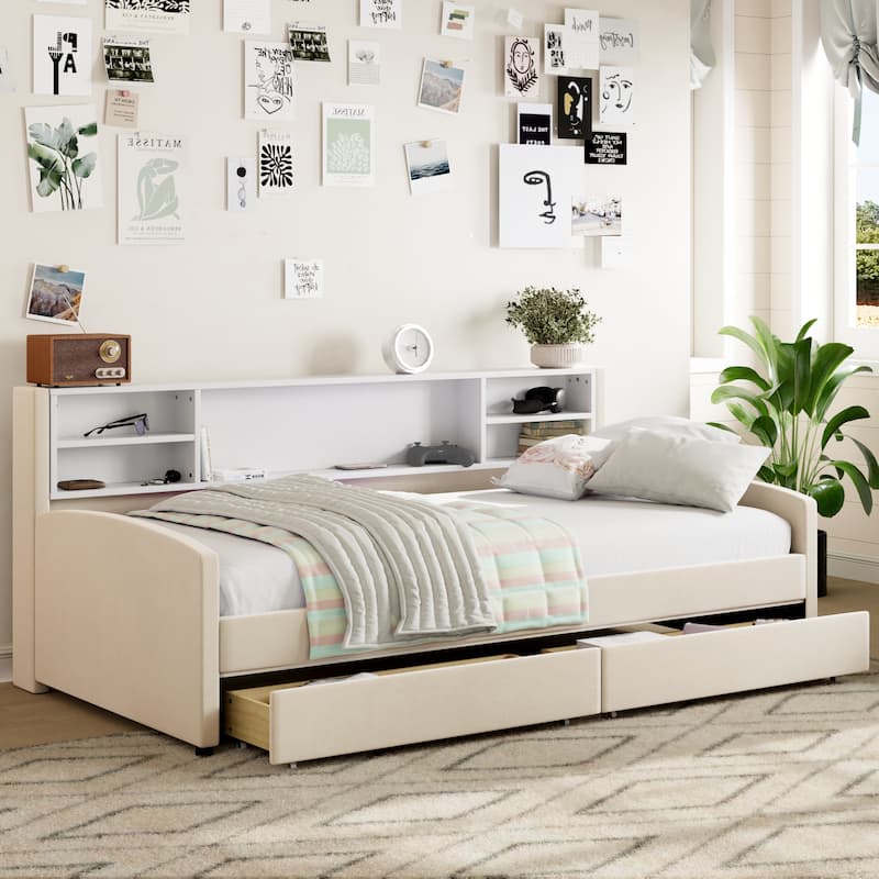 Twin Velvet Upholstered Bed Frame with Storage Drawers and Built-In Shelf, Platform Design with Plush Headboard - Beige