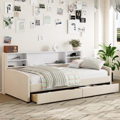 Twin size Upholstered Platform Bed with Storage and Drawers, Beige