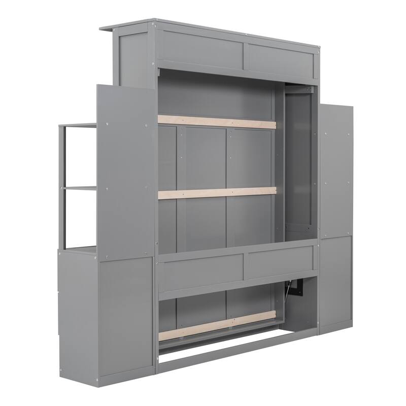 Modern Queen Size Murphy Bed with Shelves, Drawers & LED Night Light - Ideal for Multi-Functional Spaces