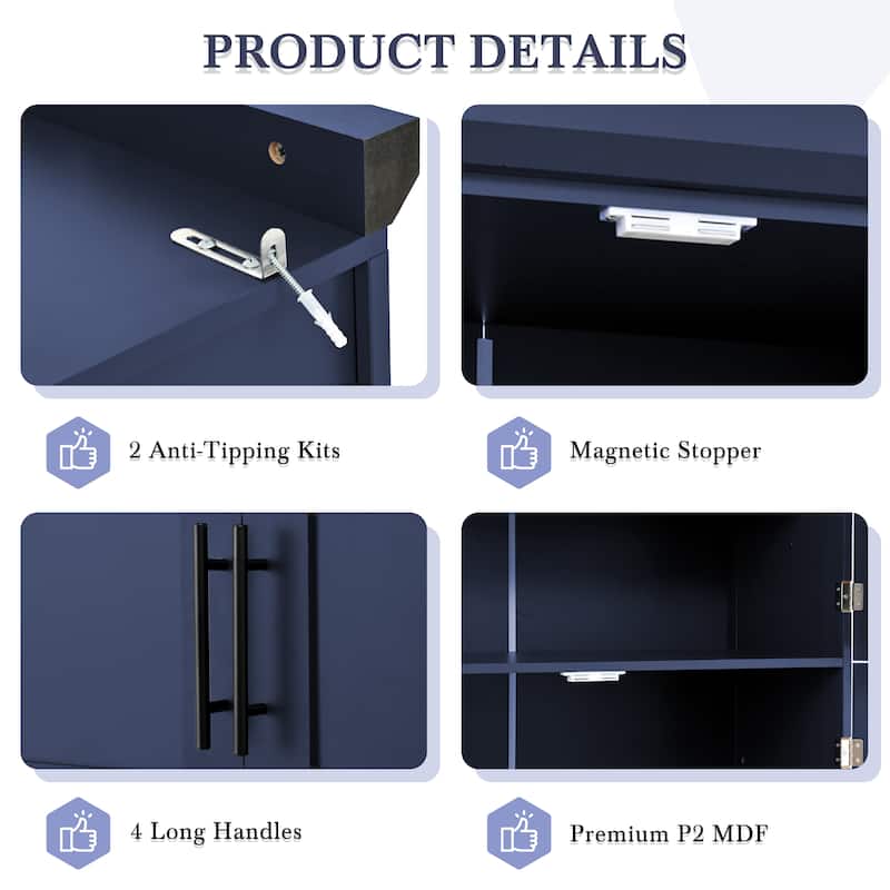 Tall Kitchen Pantry Cabinet with Pull-Out Trays - 35.5" 4-Door Storage Unit, Adjustable Shelves for Dining Room