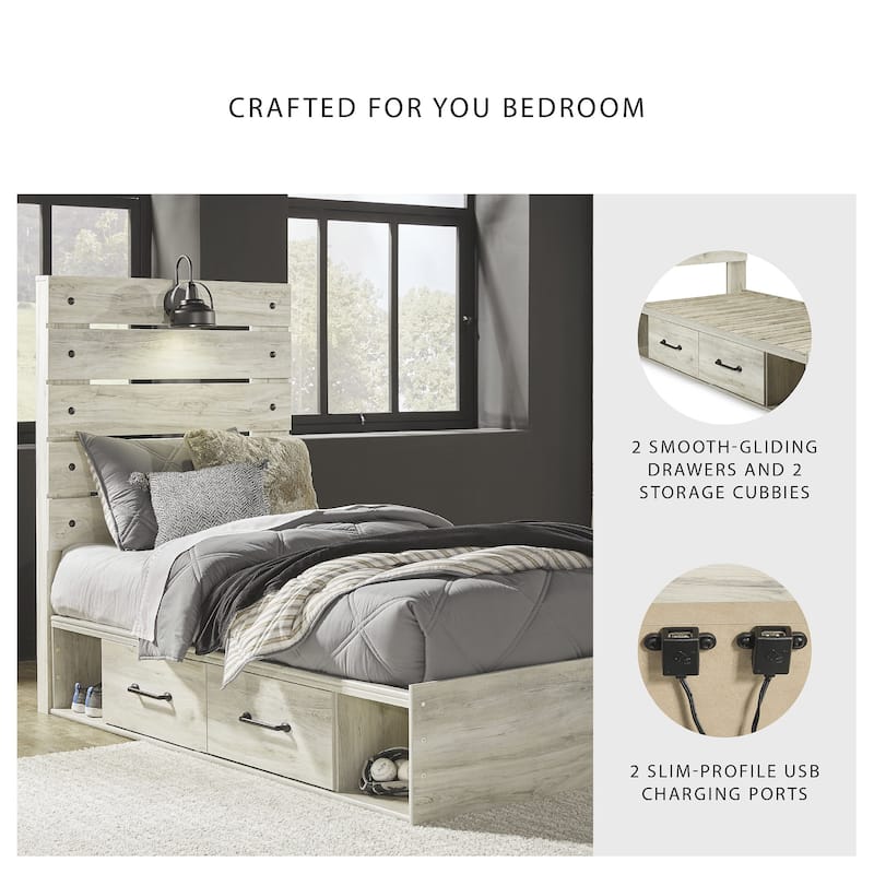 Cambeck Whitewash Panel Bed With 2 Under Bed Storage Drawers