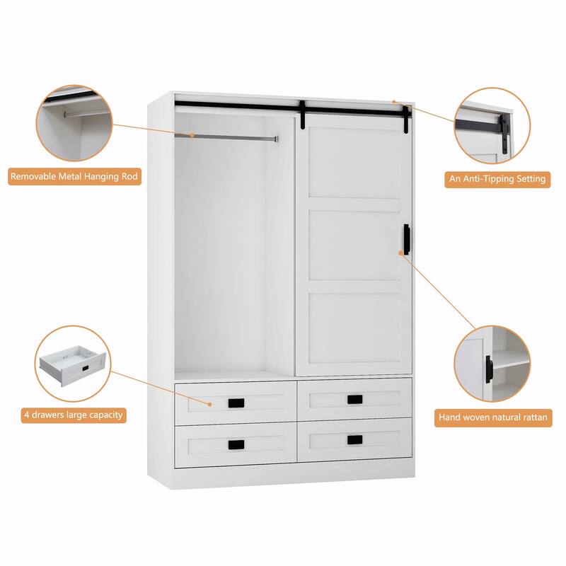Tall Bedroom Armoire Wardrobe Closet - Clothing Storage Cabinet with Hanging Rod, Barn Doors