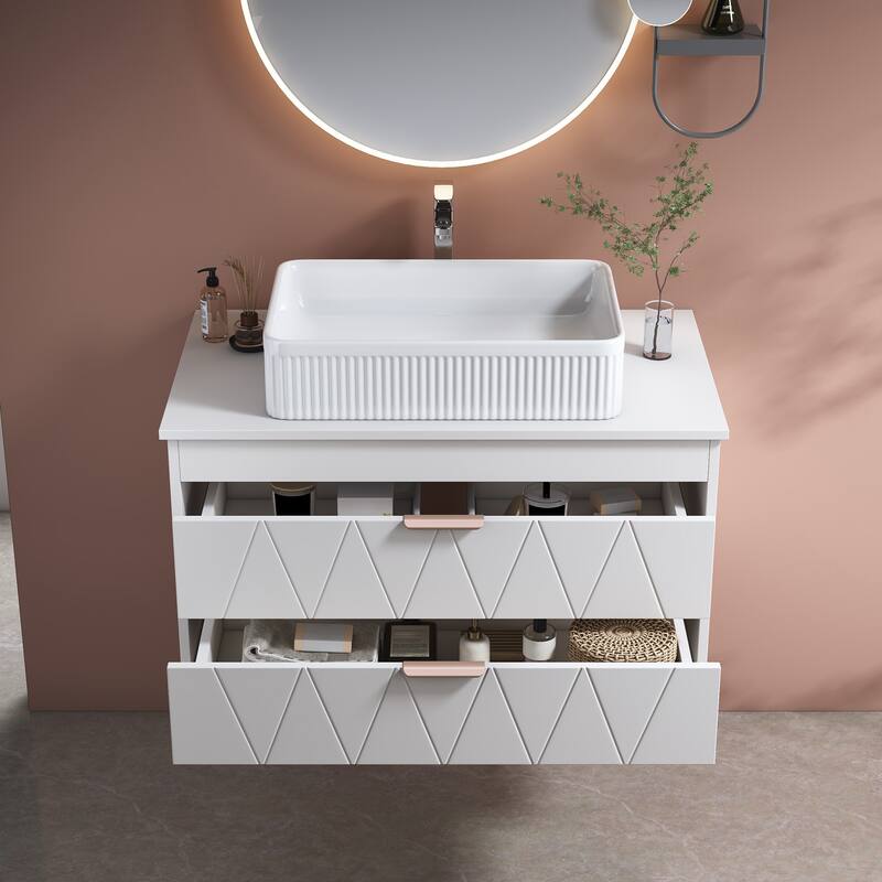 Wall-mounted Bathroom Vanity with Vertical Textured Ceramic Sink, Drawers with Diamond-patterned Design and Rose Gold Handles