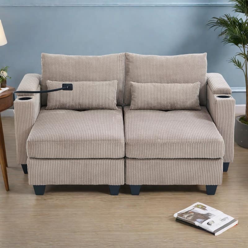 63" Corduroy Convertible Chaise Lounge with USB Ports, Phone Holder, and Storage