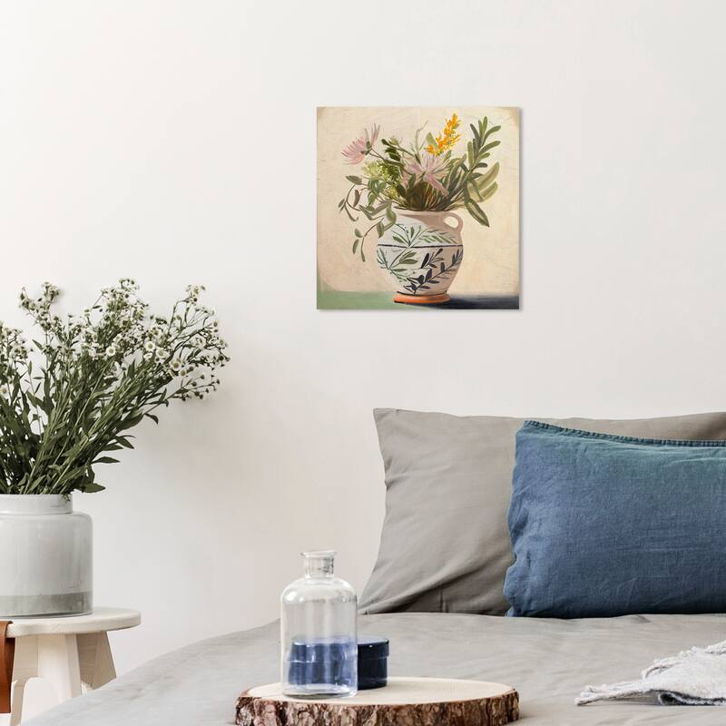 Wynwood Studio Canvas Floral and Botanical Mediterranean Olive Floral Vase Green and Vanilla Traditional Wall Art Canvas Print - 12 x 12