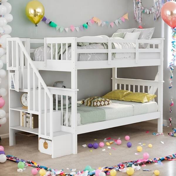 slide 2 of 13, Stairway Twin-Over-Twin Bunk Bed with Storage & Guard Rail for Bedroom,Sophisticated & Practical Muti-Functional Bunk Bed White