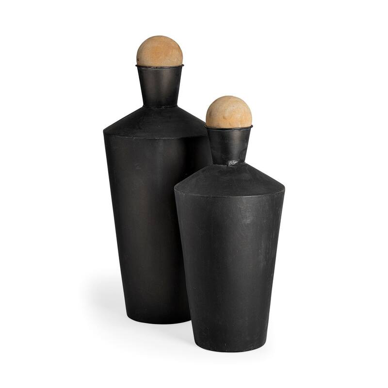 Black and Brown Metal Wood Urn Vases Set of 2 Cylindrical Distressed Finish