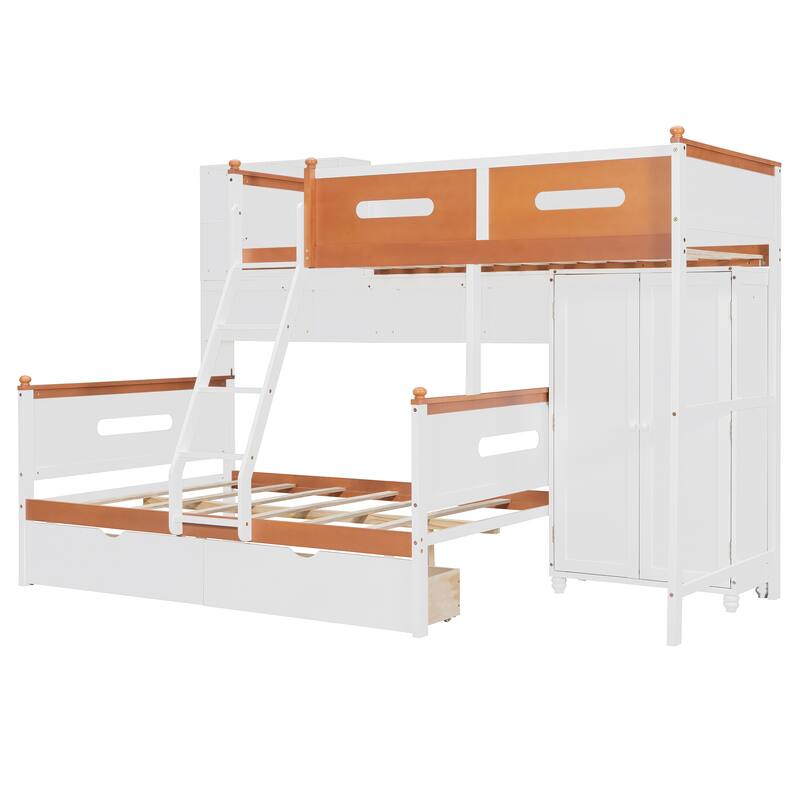 Twin Over Full Wooden Bunk Bed with Wardrobe, Drawers, Shelves and LED Light in White and Orange