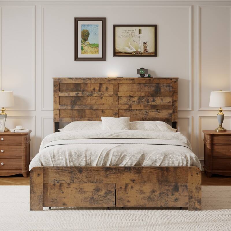 Rustic Wood Platform Bed Frame with 2 Storage Drawers