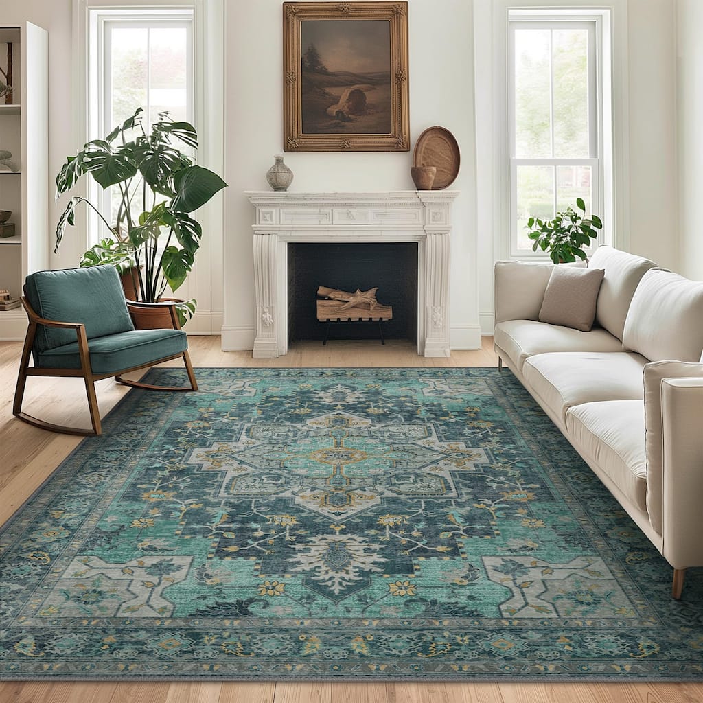 Mcow Green Floral Low Pile Machine Washable Non-Slip Area Rug