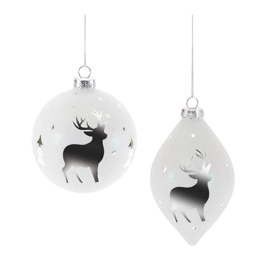 Rustic Glittered Glass Deer Christmas Ornaments Set of 6 Gray & Silver Ball and Oblong Holiday Decorations