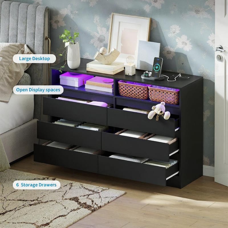 6 Drawer Dresser, with LED Lights and USB Charging Station