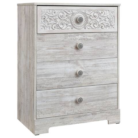 4 Drawer Wood Chest with Floral Carving and Medallion Pulls, Washed White