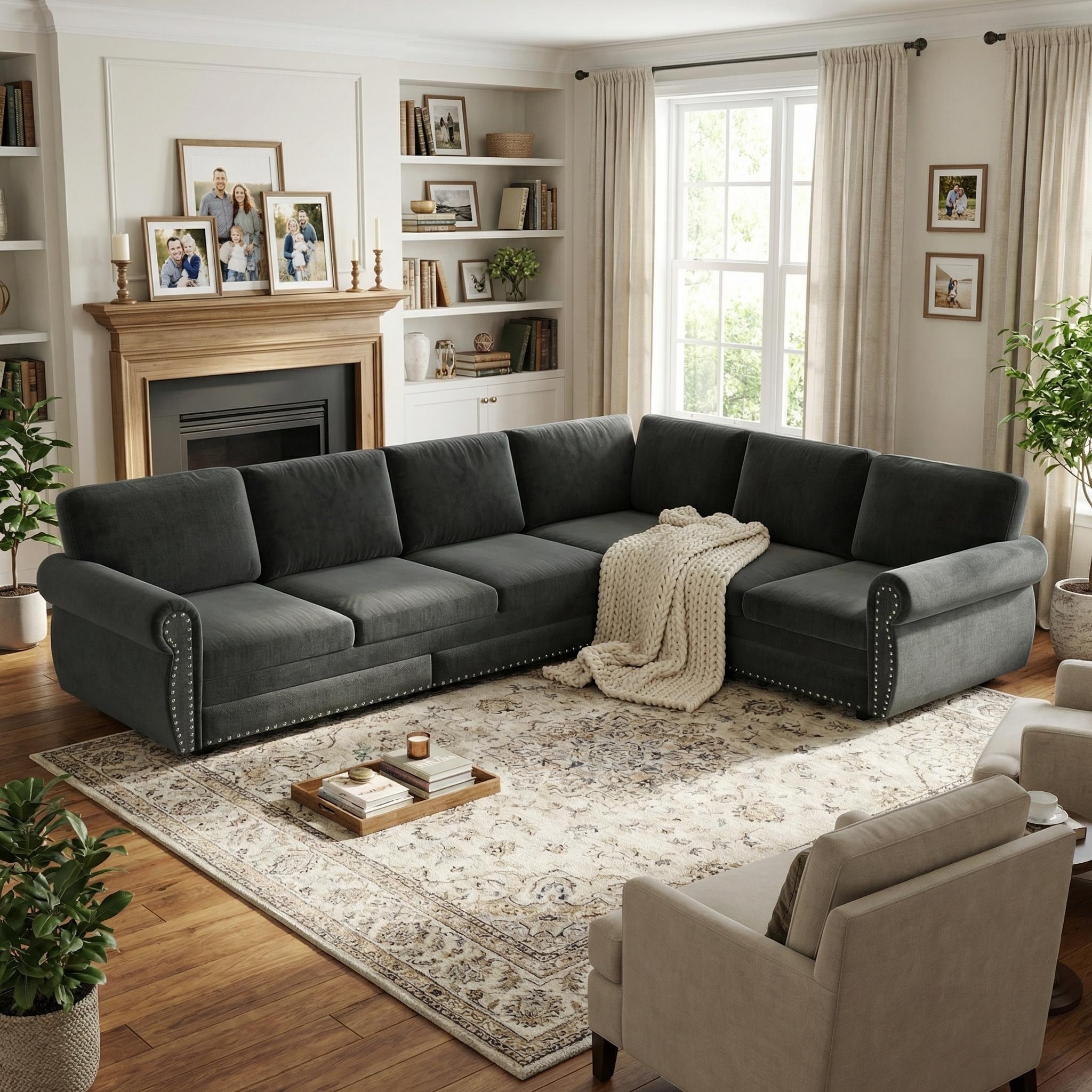 Homy Casa L-Shaped Sectional Sofa w/ Pull-Out Bed, Chenille Sleeper Couch w/ Nailhead Trim & Rolled Arm, Oversize