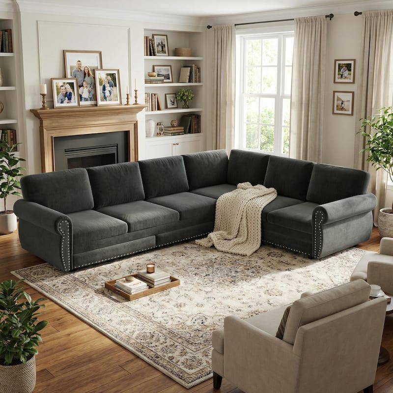 Homy Casa L-Shaped Sectional Sofa w/ Pull-Out Bed, Chenille Sleeper Couch w/ Nailhead Trim & Rolled Arm, Oversize - 6 Dark Grey - Right Facing