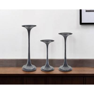 Set of Three Dark Gray Polyresin Abstract Tabletop Pillar Candle Holders - One Size