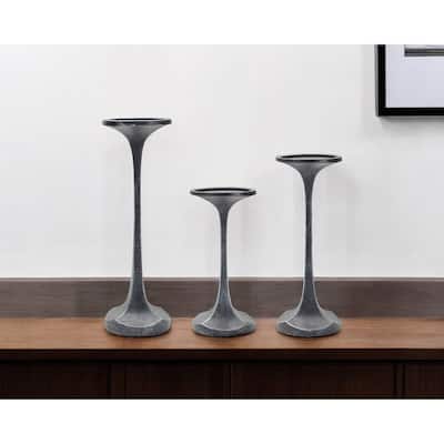 Set of Three Dark Gray Polyresin Abstract Tabletop Pillar Candle Holders - One Size