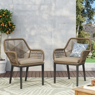 Russel Outdoor Wicker Dining Chair with Cushion (Set of 2) by Christopher Knight Home - 23.50" L x 26.25" W x 32.00" H