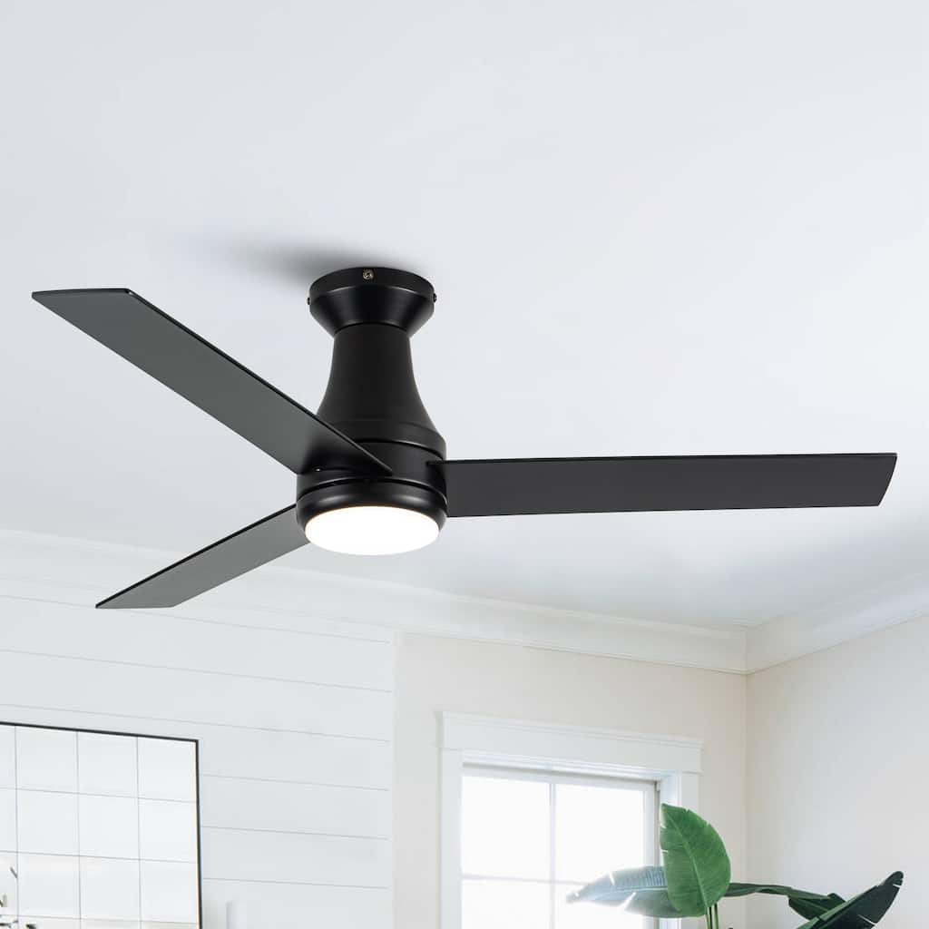48" Industrial Black Indoor Hugger Ceiling Fan Flush Mount with Light and App Control